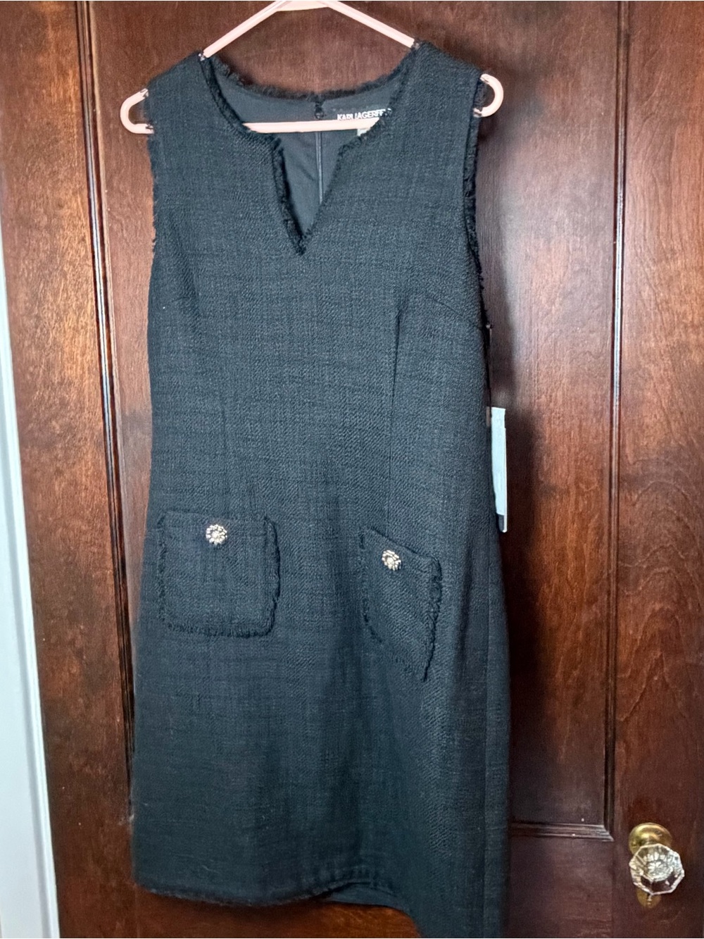 Karl Lagerfeld Paris Women’s Dress Size 10 Black Tweed Sheath Fringe Pockets NWT